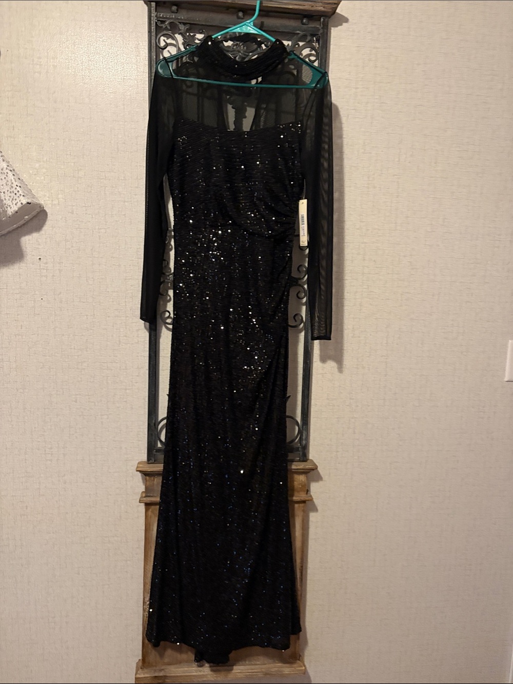 Eliza J Black Sequin Long-Sleeve Evening Gown